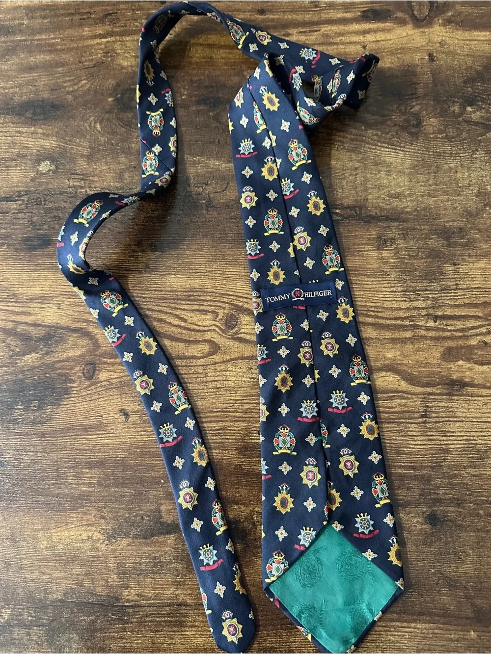 Tommy Hilfiger 90s Navy Silk Tie with Crest and Star Motif Preppy Dark Academia